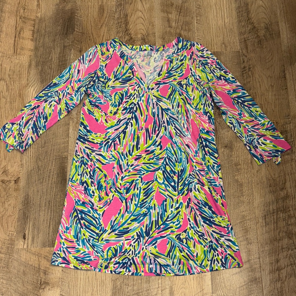 Lilly Pulitzer Ruffle Sleeve V Neck Tunic Dress Pink Green Blue Leaf Print Large